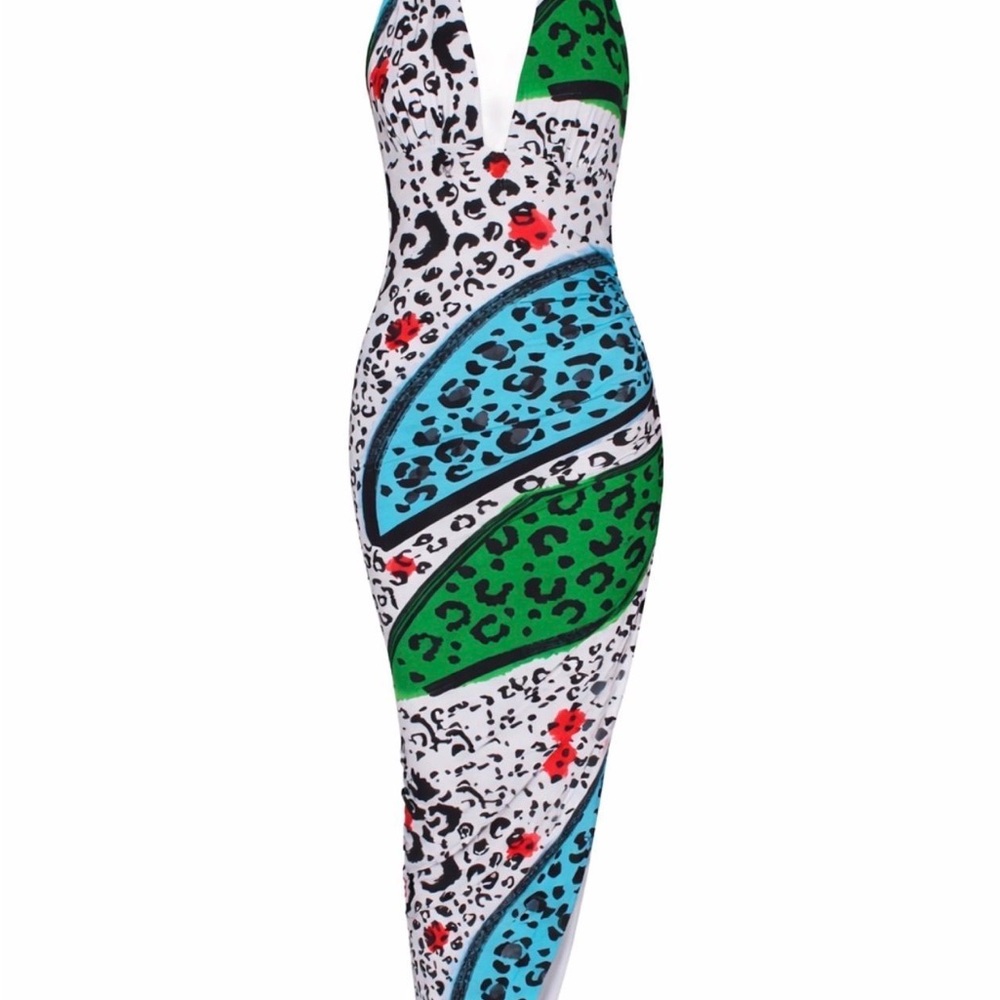 Colorblock Leopard Print V-Neck Bodycon Dress - Green, Blue, White, Red, Black